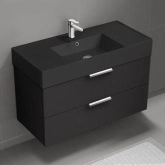 Bathroom Vanity Wall Mounted Bathroom Vanity With Black Sink, Modern, Single, 40